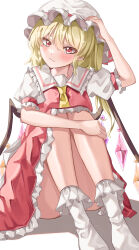 Rule 34 | 1girl, absurdres, bare legs, blonde hair, blush, closed mouth, convenient leg, crystal, dress, flandre scarlet, frilled sailor collar, frills, hat, highres, hugging own legs, knees up, looking at viewer, mahoro (minase mahoro), mob cap, one side up, petticoat, pink eyes, puffy short sleeves, puffy sleeves, red dress, sailor collar, short sleeves, simple background, sitting, solo, touhou, white background, wings