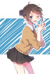 Rule 34 | 1girl, black skirt, blazer, blue background, blue bow, blue eyes, blue necktie, blush, bow, brown jacket, diagonal stripes, grin, hair bow, hair bun, hami yura, happy, highres, jacket, long sleeves, looking at viewer, necktie, one eye closed, one side up, open mouth, own hands together, pleated skirt, school uniform, single hair bun, skirt, sleeves pushed up, smile, solo, standing, striped, striped background, teeth, two-tone background, white background, wing collar