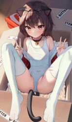 Rule 34 | 1girl, absurdres, animal ears, ass, bare shoulders, bell, black choker, box, breasts, brown hair, cardboard box, cat ears, cat girl, cat tail, choker, closed mouth, commission, covered navel, double v, expressionless, fake animal ears, feet, hairband, hands up, highres, in box, in container, jacket, jingle bell, knees up, looking at viewer, minn (kangjm1107), mole, mole on ass, mole under eye, no shoes, off shoulder, one-piece swimsuit, open clothes, open jacket, original, partially visible vulva, profanity, prunechi, red eyes, red jacket, second-party source, short hair, sitting, small breasts, solo, swimsuit, tail, thighhighs, thighs, toes, v, white one-piece swimsuit, white thighhighs