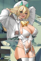 Rule 34 | 1girl, absurdres, bell, blonde hair, breasts, cleavage, covered navel, cropped jacket, goddess of victory: nikke, green eyes, gyaru, hand in own hair, highres, holding, holding own hair, jacket, large breasts, long hair, neck bell, open clothes, open jacket, open mouth, phantasmaliagon, rupee (nikke), rupee (winter shopper) (nikke), smile, solo, teeth, thighhighs, upper teeth only