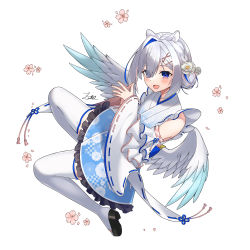 Rule 34 | 1girl, :d, amane kanata, amane kanata (new year), angel wings, animal ear fluff, animal ears, black footwear, blue eyes, blue hair, blush, commentary request, detached sleeves, eyes visible through hair, floral print, flower, frilled kimono, frills, hair flower, hair ornament, hairclip, highres, hololive, japanese clothes, kimono, long sleeves, multicolored hair, open mouth, own hands together, pink flower, pink hair, print kimono, ribbon-trimmed sleeves, ribbon trim, sandals, silver hair, simple background, smile, solo, streaked hair, thighhighs, virtual youtuber, white background, white flower, white thighhighs, wide sleeves, wings, x hair ornament, z.m. (zimin)