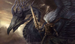 Rule 34 | 1boy, armor, artist name, blank eyes, breastplate, brown scarf, cloud, cloudy sky, commentary, cowboy shot, crown, dark souls (series), dark souls iii, dragon, dragon horns, electricity, feathers, floating hair, holding, holding polearm, holding spear, holding weapon, horns, long hair, looking at viewer, luffie, male focus, multiple horns, nameless king, open hand, outdoors, polearm, robe, scale armor, scales, scarf, short sleeves, sky, solo, spear, standing, teeth, weapon, western dragon, white hair, wings
