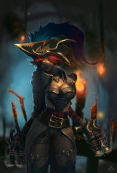 Rule 34 | 1girl, absurdres, belt, braid, breasts, captain fortune, cleavage, corset, dgatrick, dual wielding, fire, gun, hat, heart, heart necklace, highres, holding, jewelry, league of legends, looking at viewer, miss fortune (league of legends), mole, mole on breast, mole under mouth, necklace, pirate hat, red hair, shadow, smile, smoke, smoking gun, solo, weapon