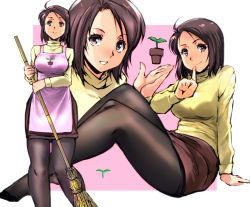 Rule 34 | 1girl, apron, black pantyhose, blush, breasts, brown eyes, brown hair, commentary request, holding, kamisimo 90, large breasts, looking at viewer, multiple views, original, pantyhose, red skirt, short hair, sitting, skirt, smile, sweater, turtleneck, yellow sweater