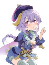 Rule 34 | 1girl, absurdres, bead necklace, beads, blue shorts, blush, braid, braided ponytail, coin hair ornament, cowboy shot, dress, genshin impact, hair between eyes, hair ornament, hands up, hat, hat tassel, highres, hx2, jewelry, jiangshi, leaning forward, long hair, long sleeves, looking at viewer, necklace, ofuda, ofuda on head, open mouth, paw pose, purple dress, purple eyes, purple hair, purple hat, qingdai guanmao, qiqi (genshin impact), shorts, solo, thighhighs, white background, white thighhighs