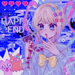 Rule 34 | 2girls, ame-chan (needy girl overdose), black hair, bleeding, blonde hair, blood, blood from mouth, blood on clothes, blood on hands, blue background, blue bow, blue eyes, blue hair, blue nails, blue shirt, blunt bangs, bow, cat, chouzetsusaikawa tenshi-chan, dual persona, emoji, grey eyes, guro, hair bow, hair ornament, hair over one eye, hair tie, hairclip, hand to own mouth, hands up, heart, heart hair ornament, highres, holding, in palm, intestines, long hair, long sleeves, looking at another, mini person, minigirl, multicolored hair, multicolored nails, multiple girls, needy girl overdose, octopus, open mouth, pink bow, pink hair, pink nails, pleading face emoji, purple bow, quad tails, sailor collar, shirt, sparkle, surprised, tearing up, turn pale, twintails, umi usagi (tako46065430), upper body, very long hair, x hair ornament, yellow bow, yellow nails