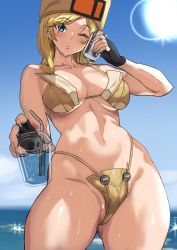 Rule 34 | 1girl, ashiomi masato, bare shoulders, beach, blonde hair, blue eyes, blue sky, blush, can, cloud, collarbone, cup, drinking straw, fingernails, giving, glint, gloves, guilty gear, guilty gear strive, hat, holding, holding can, holding cup, hot, long hair, looking at viewer, millia rage, navel, ocean, one eye closed, outdoors, parted lips, sky, solo, sun, sweat, swimsuit, transparent, wet, yellow hat