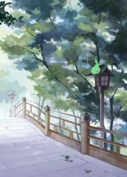 Rule 34 | architecture, blush stickers, bridge, day, east asian architecture, ekubo (mob psycho 100), fire, green fire, highres, hiromi (hrmkn), hitodama, lantern, leaf, mob psycho 100, no humans, outdoors, railing, running bond, solo, tree