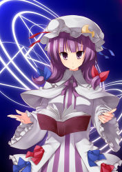 Rule 34 | 1girl, book, dress, female focus, gradient background, hat, highres, long hair, magic circle, mob cap, patchouli knowledge, pino (birthdayparty), pino (pixiv), purple eyes, purple hair, solo, striped clothes, striped dress, touhou, vertical-striped clothes, vertical-striped dress, white hat