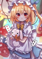 Rule 34 | 1girl, absurdres, alice (alice in wonderland), alice (alice in wonderland) (cosplay), alice in wonderland, apron, blonde hair, blurry, blurry background, bow, bowtie, card, clock, cosplay, crystal, dorowa (drawerslove), flandre scarlet, frills, hat, highres, holding, holding stuffed toy, looking at viewer, mob cap, one side up, open mouth, playing card, red eyes, short hair, short sleeves, solo, stuffed animal, stuffed rabbit, stuffed toy, touhou, waist apron, white apron, white hat, wings, yellow bow, yellow bowtie