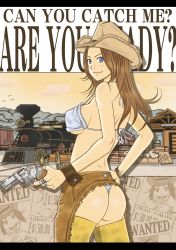 Rule 34 | 1girl, 373, ass, bikini, bikini top only, blush, breasts, brown hair, chaps, cowboy hat, cowboy western, english text, female focus, gun, hand on own hip, hat, highres, hip focus, long hair, looking back, original, purple eyes, sky, smile, solo, swimsuit, thighhighs, thong, train, wanted poster, weapon