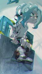 Rule 34 | 1boy, black shorts, chromatic aberration, closed mouth, grey hair, highres, koike3582, medium hair, multicolored footwear, nintendo, octoling, octoling boy, octoling player character, shirt, short sleeves, shorts, single vertical stripe, sitting, solo, splatoon (series), suction cups, tentacle hair, white eyes
