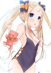 Rule 34 | 1girl, abigail williams (fate), abigail williams (welcome to the travelling circus!) (fate), bare shoulders, black bow, blonde hair, blue eyes, blush, bow, bowtie, breasts, collarbone, commentary request, cowboy shot, crossed bandaids, fate/grand order, fate (series), forehead, hair between eyes, hair ornament, highleg, highleg leotard, highres, ko yu, leotard, leotard pull, long hair, looking at viewer, official alternate costume, open mouth, orange bow, parted bangs, polka dot, polka dot bow, small breasts, solo, standing, stuffed animal, stuffed toy, teddy bear, twintails, very long hair, welcome to the travelling circus!
