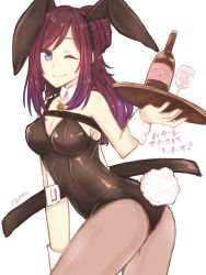 Rule 34 | 1girl, bent over, blue eyes, breasts, rabbit tail, detached collar, hagane orchestra, highres, holding, holding tray, leotard, long hair, looking back, medium breasts, one eye closed, pantyhose, playboy bunny, rabbit girl, solo, tail, tray, tsubaki (hagane orchestra), white background, yupinaccho