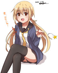 Rule 34 | 1girl, armband, black sailor collar, black thighhighs, blonde hair, blue jacket, commentary request, crescent, crescent pin, crossed legs, dated, feet out of frame, highres, invisible chair, jacket, kantai collection, long hair, looking at viewer, low twintails, meguru (megurunn), neckerchief, necktie, one-hour drawing challenge, sailor collar, satsuki (kancolle), satsuki kai ni (kancolle), school uniform, serafuku, simple background, sitting, smile, solo, star (symbol), thighhighs, translated, twintails, twitter username, white background, yellow eyes, yellow neckwear