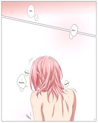 Rule 34 | 1girl, back, bare back, bare shoulders, comic, english text, from behind, haruno sakura, heavy breathing, naruto, naruto (series), pink hair, samurai-pet, slj, solo, sweat