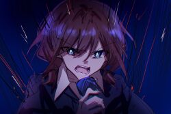 Rule 34 | 1girl, blue background, blue eyes, blue pupils, brown hair, commentary, girls band cry, hibioes, highres, holding, holding microphone, iseri nina, looking at viewer, microphone, music, open mouth, short twintails, singing, solo, twintails, upper body