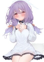 Rule 34 | 1girl, atsuko (blue archive), blue archive, blush, bow, braid, breasts, closed mouth, commission, dress, eip (pepai), hair between eyes, hair bow, halo, hands on own chest, highres, long sleeves, looking at viewer, medium breasts, orange bow, purple hair, red eyes, simple background, skeb commission, solo, steepled fingers, twin braids, white background, white dress, white halo