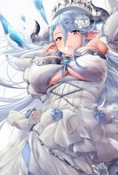 Rule 34 | 10s, 1girl, arms up, blue flower, blue hair, blue rose, blush, bow, breasts, breath, crystal, draph, dress, elbow gloves, eyes visible through hair, floating hair, flower, from below, frown, gloves, granblue fantasy, hair between eyes, hair ornament, hat, highres, horns, izmir, large breasts, long hair, looking down, mole, mole under mouth, open mouth, pekoneko, pink eyes, pointy ears, revision, rose, snowflake hair ornament, solo, underboob, very long hair, white bow, white dress, white gloves, white hat