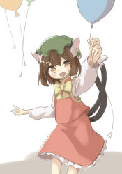 Rule 34 | 1girl, animal ears, balloon, blush, brown eyes, brown hair, cat ears, cat girl, cat tail, chen, hat, highres, keyakko, looking at viewer, mob cap, short hair, simple background, solo, tail, touhou, white background
