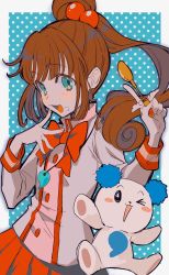 Rule 34 | 1girl, aqua eyes, blush, blush stickers, border, bow, brown hair, character request, copyright request, creature, eyes visible through hair, fingernails, food, food on face, grey border, highres, holding, holding spoon, jewelry, long hair, looking at viewer, magatama, magatama necklace, magatama print, necklace, one eye closed, open mouth, polka dot, polka dot background, ponytail, red bow, red neckwear, red skirt, remon (10112), skirt, smile, spoon, tongue, wings