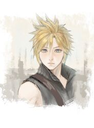 Rule 34 | 1boy, blonde hair, blue eyes, border, closed mouth, cloud strife, final fantasy, final fantasy vii, final fantasy vii advent children, grey vest, hair between eyes, highres, looking at viewer, male focus, microookilla, popped collar, short hair, single bare shoulder, solo, spiked hair, upper body, vest, white border