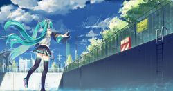 Rule 34 | 1girl, absurdres, armpits, black footwear, black skirt, black thighhighs, boots, cloud, day, detached sleeves, fence, from behind, green hair, hatsune miku, headphones, highres, ladder, long hair, miniskirt, outdoors, outstretched arms, pool, reflection, shirt, skirt, sky, solo, standing, standing on one leg, thigh boots, thighhighs, twintails, vocaloid, water, zhongye yu
