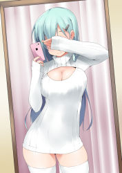 Rule 34 | 10s, 1girl, aqua hair, bad id, bad pixiv id, blush, breasts, cellphone, cleavage, cleavage cutout, clothing cutout, covering own eyes, dress, hair ornament, hairclip, iphone, kantai collection, large breasts, long hair, meme attire, mirror, open-chest sweater, phone, reflection, ribbed sweater, selfie, smartphone, smile, solo, standing, suzuya (kancolle), sweater, sweater dress, terazip, thighhighs, turtleneck, upper body, white thighhighs, zettai ryouiki