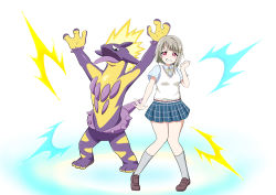 Rule 34 | 1girl, absurdres, aqua shirt, artist name, artist request, bare legs, black skirt, blush, bow, bowtie, breasts, brown footwear, brown hair, checkered clothes, checkered skirt, clenched hand, collared shirt, creatures (company), crescent, crescent hair ornament, female focus, full body, game freak, grey hair, grey legwear, grey shirt, grey skirt, hair ornament, highres, light brown hair, looking at viewer, love live!, love live! nijigasaki high school idol club, miniskirt, nakasu kasumi, neck ribbon, nijigasaki school uniform, nintendo, parted lips, pink eyes, plaid, plaid skirt, pleated skirt, pokemon, pokemon (creature), purple eyes, ribbon, school uniform, shirt, shoes, short hair, short sleeves, skirt, smile, solo, star (symbol), star hair ornament, striped, sweater vest, teeth, v-shaped eyebrows, vest, white shirt, yellow bow, yellow ribbon, yellow vest
