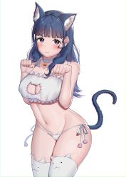 Rule 34 | 1girl, absurdres, ace attorney, animal ears, belt collar, blue hair, blunt bangs, blush, cat ears, cat lingerie, cat tail, collar, collarbone, embarrassed, highres, himeliofon, long hair, looking at viewer, meme attire, navel, purple eyes, simple background, solo, tail, thighhighs, vera misham, white background, white thighhighs
