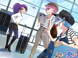 Rule 34 | 13-gou, 1boy, 2girls, blue eyes, blue hair, braid, breasts, brother and sister, cloud, dorothy west, long hair, multiple girls, navel, one eye closed, open mouth, pink hair, pretty series, pripara, purple hair, reona west, rolling suitcase, shirt, short hair, siblings, side ponytail, smile, striped clothes, striped shirt, suitcase, toudou shion, trap, yellow eyes