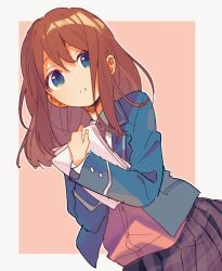 Rule 34 | 1girl, 4 (nakajima4423), anzu (ensemble stars!), blazer, blue eyes, blue jacket, border, brown hair, collared shirt, dutch angle, ensemble stars!, hair between eyes, highres, holding, holding paper, jacket, long hair, long sleeves, looking at viewer, necktie, open clothes, open jacket, outline, outside border, paper, parted lips, pink background, plaid, plaid skirt, pleated skirt, school uniform, shirt, skirt, solo, white border, white outline, white shirt