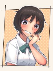 Rule 34 | 1girl, amagami, artist request, blush, bob cut, border, bow, bowtie, breasts, brown eyes, brown hair, commentary, curled fingers, dress shirt, green bow, green bowtie, grin, hand on own face, happy, highres, kein 810, orange background, outline, outside border, parted lips, polka dot, polka dot background, raised eyebrows, shirt, short hair, short sleeves, small breasts, smile, solo, tachibana miya, upper body, white border, white outline, white shirt, wide-eyed, yellow background
