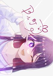 Rule 34 | 1girl, collarbone, commentary request, hoshino ai (oshi no ko), long hair, open mouth, oshi no ko, partial commentary, poteto 0113, purple eyes, purple hair, sideways, solo, star-shaped pupils, star (symbol), sweater, symbol-shaped pupils, teeth, translated, v, white sweater