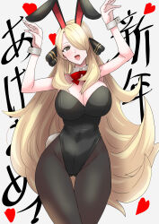 Rule 34 | 1girl, animal ears, black leotard, blonde hair, blush, bow, bowtie, breasts, chinese zodiac, clash kuro neko, cleavage, covered navel, cowboy shot, creatures (company), cynthia (pokemon), detached collar, fake animal ears, fake tail, game freak, gluteal fold, grey eyes, hair ornament, hair over one eye, heart, highleg, highleg leotard, highres, large breasts, leotard, long hair, looking at viewer, nintendo, open mouth, pantyhose, playboy bunny, pokemon, pokemon dppt, rabbit ears, rabbit pose, rabbit tail, simple background, smile, solo, strapless, strapless leotard, tail, text background, thigh gap, thighs, traditional bowtie, very long hair, wavy hair, wrist cuffs, year of the rabbit