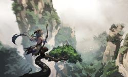 Rule 34 | 1girl, back, bird, blue hair, bow (weapon), calamaripop, from behind, from side, ganyu (genshin impact), genshin impact, hanging on tree, highres, holding, holding bow (weapon), holding weapon, horns, long hair, low ponytail, mountain, outdoors, scenery, solo, waist cape, weapon