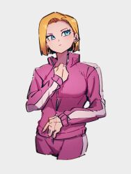 Rule 34 | 1girl, android 18, blonde hair, blue eyes, closed mouth, dragon ball, dragon ball super, earrings, grey background, jacket, jewelry, kemachiku, long sleeves, looking up, pink jacket, short hair, simple background, solo, track jacket