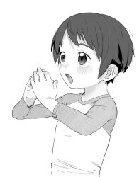Rule 34 | 1girl, blush, child, female focus, flat chest, greyscale, long sleeves, monochrome, open mouth, original, own hands together, satsuyo, short hair, solo, upper body