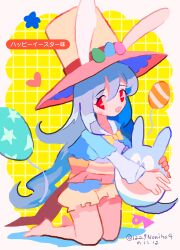 Rule 34 | 1girl, :d, absurdres, animal ears, balloon, barefoot, blue capelet, blue hair, blush, bow, capelet, commentary request, easter, egg, full body, hair between eyes, hat, heart, highres, holding, holding egg, kneeling, long hair, long sleeves, looking at viewer, mascot, noniha, open mouth, rabbit ears, red eyes, smile, solo, star (symbol), star print, top hat, translation request, umaemon, umami-chan, very long hair, yaokin, yellow background, yellow bow