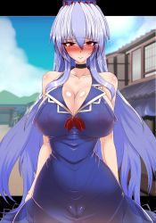 Rule 34 | 1girl, blue hair, blush, breasts, cameltoe, cleavage, dress, covered erect nipples, fat mons, highres, huge breasts, kamishirasawa keine, looking at viewer, nipples, pussy, red eyes, see-through, tonyman plus, touhou