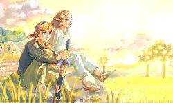 1boy 1girl alternate_costume black_shirt braid brown_pants casual crown_braid fuyumaru_mominoki link looking_to_the_side master_sword nintendo outdoors pants ponytail princess_zelda sandals sheath sheathed shirt short_hair sitting smile the_legend_of_zelda the_legend_of_zelda:_tears_of_the_kingdom tree white_pants white_shirt