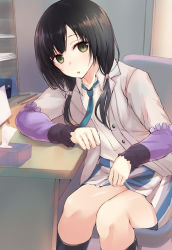 Rule 34 | 10s, 1girl, bad id, bad pixiv id, black hair, black socks, blouse, blue necktie, clothes lift, green eyes, highres, indoors, kneehighs, layered sleeves, legs together, lifted by self, looking at viewer, low twintails, necktie, open mouth, shirobako, shirt, sitting, skirt, skirt lift, socks, solo, tsuzuri (itosousou), twintails, white shirt, yasuhara ema
