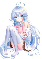 Rule 34 | 1girl, antenna hair, bad id, bad pixiv id, blue eyes, blue hair, blush, brown skirt, closed mouth, commentary request, convenient leg, denpa onna to seishun otoko, full body, hair between eyes, highres, knees up, long hair, long sleeves, looking at viewer, no shoes, hugging object, off shoulder, pigeon-toed, pleated skirt, seungju lee, shirt, sitting, skirt, smile, solo, stuffed animal, stuffed rabbit, stuffed toy, thighhighs, touwa erio, very long hair, white background, white shirt, white thighhighs