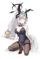 Rule 34 | 1girl, absurdres, animal ears, black horns, black leotard, black pantyhose, blue archive, blush, breasts, closed mouth, demon horns, detached collar, fake animal ears, full body, grey eyes, grey hair, hair over one eye, halo, hayashi itsuki, high heels, highres, horns, large breasts, leotard, long hair, makoto (blue archive), multiple horns, pantyhose, rabbit ears, red footwear, red halo, simple background, solo, strapless, strapless leotard, white background