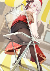 Rule 34 | 1girl, absurdres, ass, azur lane, bare shoulders, belfast (azur lane), belfast (shopping with the head maid) (azur lane), beret, black bow, black footwear, black pantyhose, black skirt, bow, breasts, brown sweater, chair, commentary, dutch angle, earrings, folding chair, hair bow, hat, high heels, highres, hoop earrings, jean.organ, jewelry, long hair, looking at viewer, medium breasts, miniskirt, off-shoulder sweater, off shoulder, pantyhose, parted lips, pencil skirt, purple eyes, red hat, shadow, shawl, silver hair, sitting, skirt, solo, sweater, thighs