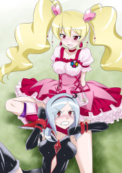 Rule 34 | 00s, 2girls, blonde hair, blush, boots, bow, breasts, choker, cure peach, dress, earrings, eas (fresh precure!), elbow gloves, eyelashes, fresh precure!, gloves, hair ornament, hairband, heart, heart hair ornament, higashi setsuna, jewelry, large breasts, leg lock, long hair, magical girl, momozono love, multiple girls, nakahira guy, naughty face, pink bow, pink footwear, precure, red eyes, short hair, silver hair, strangling, tears, twintails