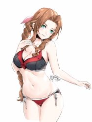 Rule 34 | 1girl, aerith gainsborough, aqua eyes, artist name, bare arms, bare shoulders, bikini, blush, braid, breasts, brown hair, cleavage, closed mouth, commentary, final fantasy, final fantasy vii, hand on own chest, large breasts, lips, long hair, looking at viewer, navel, relaxjon, side-tie bikini bottom, sidelocks, signature, simple background, single braid, square enix, stomach, strapless, swimsuit, thighs, white background