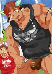 Rule 34 | 2boys, absurdres, alternate costume, american football, animal ears, bara, bare shoulders, brown hair, brown male underwear, bulge, couple, facial hair, fiery horns, forked eyebrows, glowing horns, highres, horns, jockstrap, large pectorals, looking at viewer, male focus, male underwear, manly, multiple boys, muscular, native american, open mouth, pectorals, raineru (gryffindor131), sleeveless, smile, sportswear, tamamura gunzo, thick eyebrows, thighs, tokyo houkago summoners, underwear, upper body, wakan tanka, wakan tanka (fashionista swimsuit), yaoi
