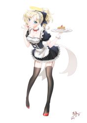Rule 34 | 1girl, absurdres, alternate costume, apron, black dress, blonde hair, blue eyes, breasts, cake, cherry, choker, cleavage, collarbone, compromise., dated, dress, enmaided, food, frilled choker, frills, fruit, full body, garter straps, high ponytail, highres, holding, holding food, looking at viewer, maid, maid apron, maid headdress, mary janes, medium breasts, medium hair, mercy (overwatch), overwatch, overwatch 1, puffy short sleeves, puffy sleeves, red footwear, shoes, short sleeves, simple background, solo, thighhighs, tray, waist apron, white background, wrist cuffs