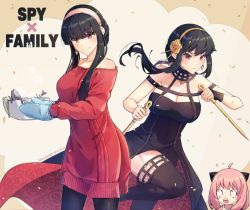 Rule 34 | anya (spy x family), black dress, black hair, closed mouth, dagger, dress, earrings, fingerless gloves, food, gloves, gold hairband, hairband, himeyamato, holding, holding dagger, holding knife, holding weapon, jewelry, knife, long hair, looking at viewer, open mouth, pink hair, red eyes, self-upload, simple background, smile, spy x family, two-sided dress, two-sided fabric, weapon, yor briar